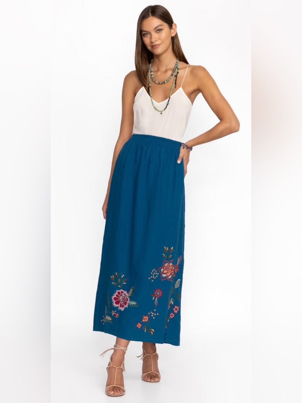 Johnny Was Messine High Slit Linen Maxi Skirt Teal Blue Embroidered Size Small